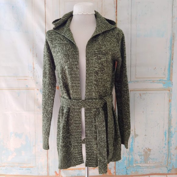 Derek Heart long sleeve hooded  knit cardigan duster sweater w tie/M/green - Picture 8 of 11